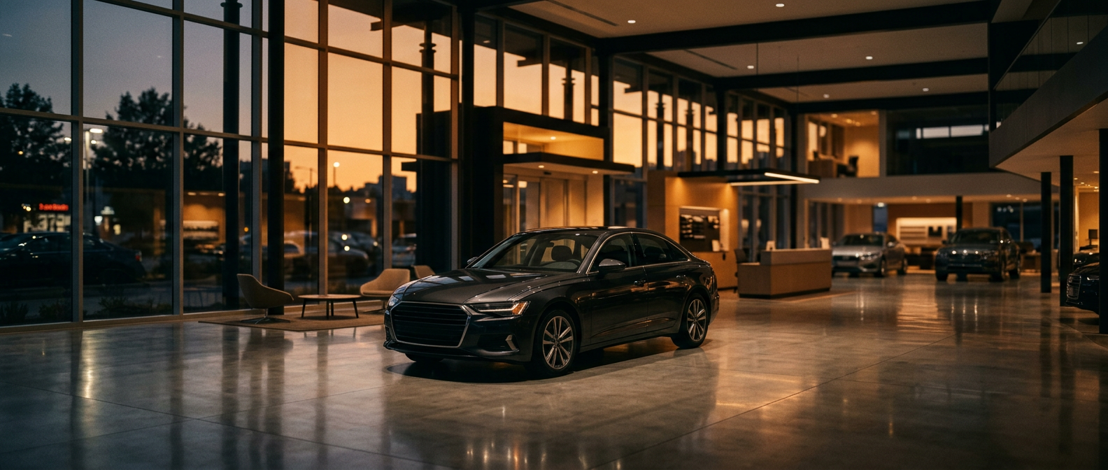 Modern car dealership showroom glowing in warm evening light