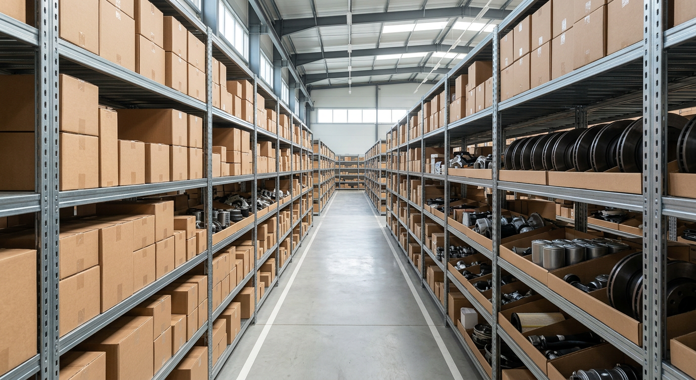 Organised shelves of automotive parts in a warehouse aisle