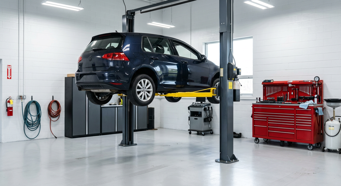 Clean service workshop bay with a vehicle raised on a hoist